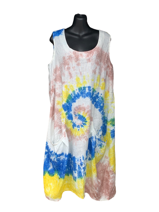 Italian Tie Dye Linen Dress With Large Pockets