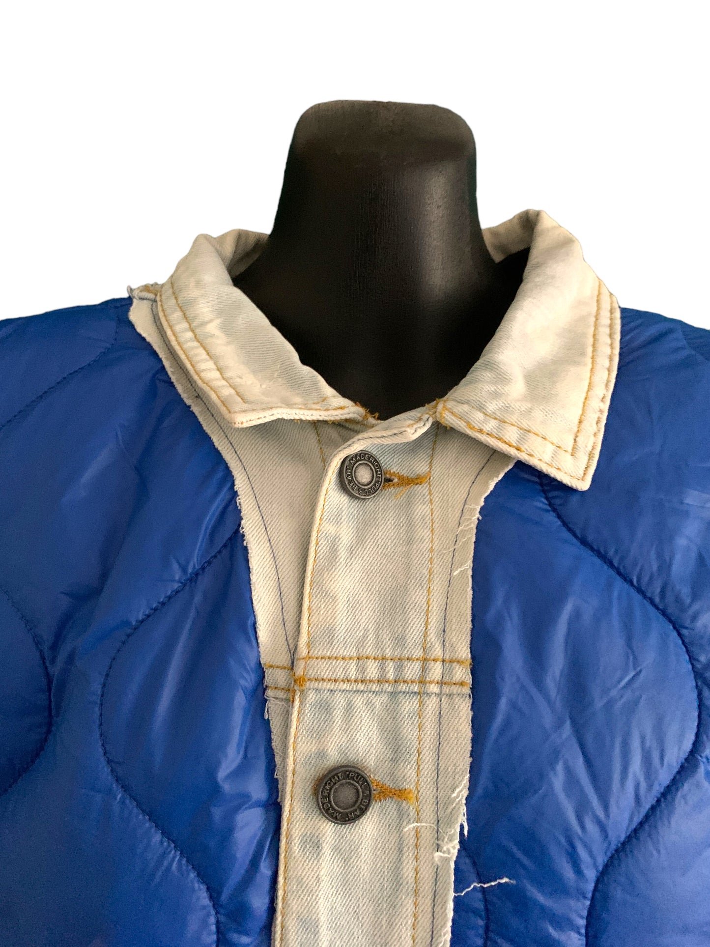 Sleeveless Light Puffer Jacket with Raggedy Edge Denim Detailing