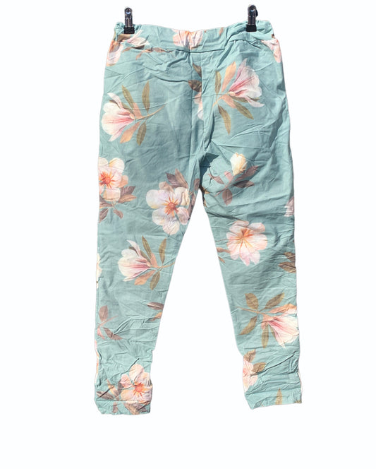 Italian Floral Stretch Pants “Magnolia-Mint”