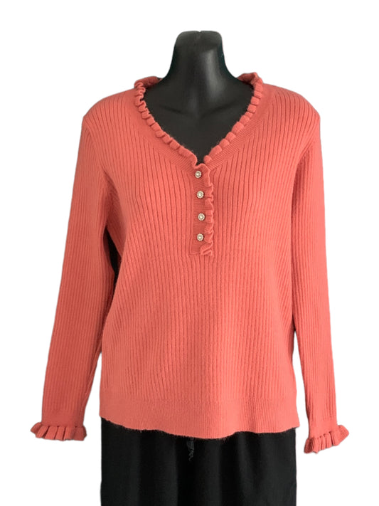 V-Neck Frill Edge Top with Detailed Buttons