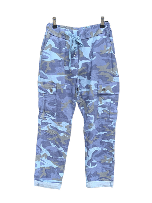 Italian Stretch Camo Cargo Pants “Denim Blue”