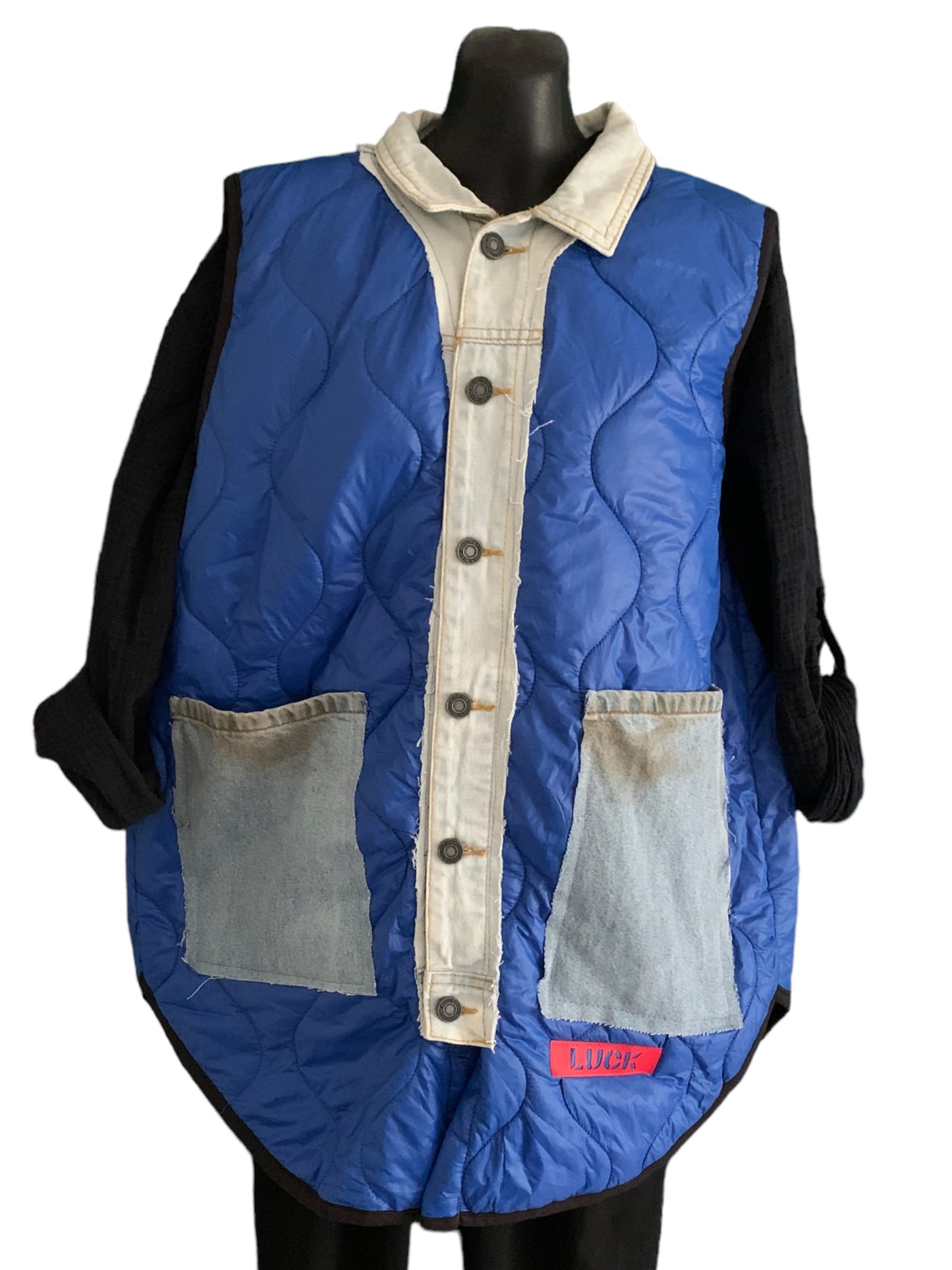 Sleeveless Light Puffer Jacket with Raggedy Edge Denim Detailing