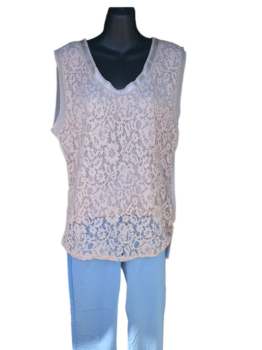 Sleeveless Lace Front V-Neck Top With Shimmer Edge Arms