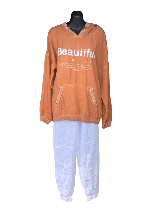 Italian Hooded Top “Beautiful” with Detailing