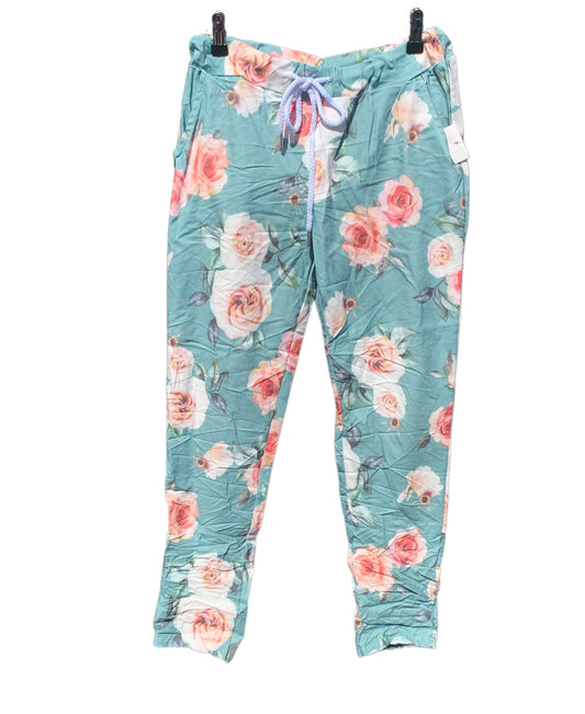 Italian Floral Stretch Pants “Roses-Mint”