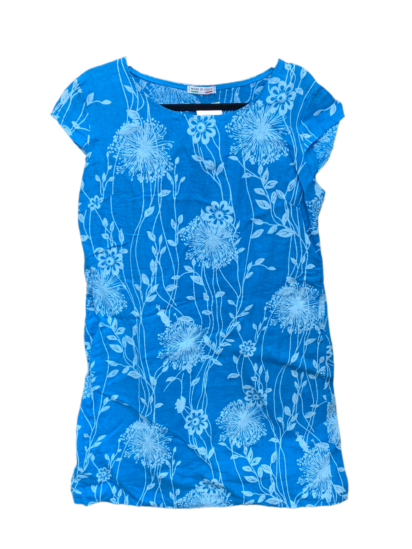 Italian Cap Sleeve Linen Dress “Dandelion Bright Blue”