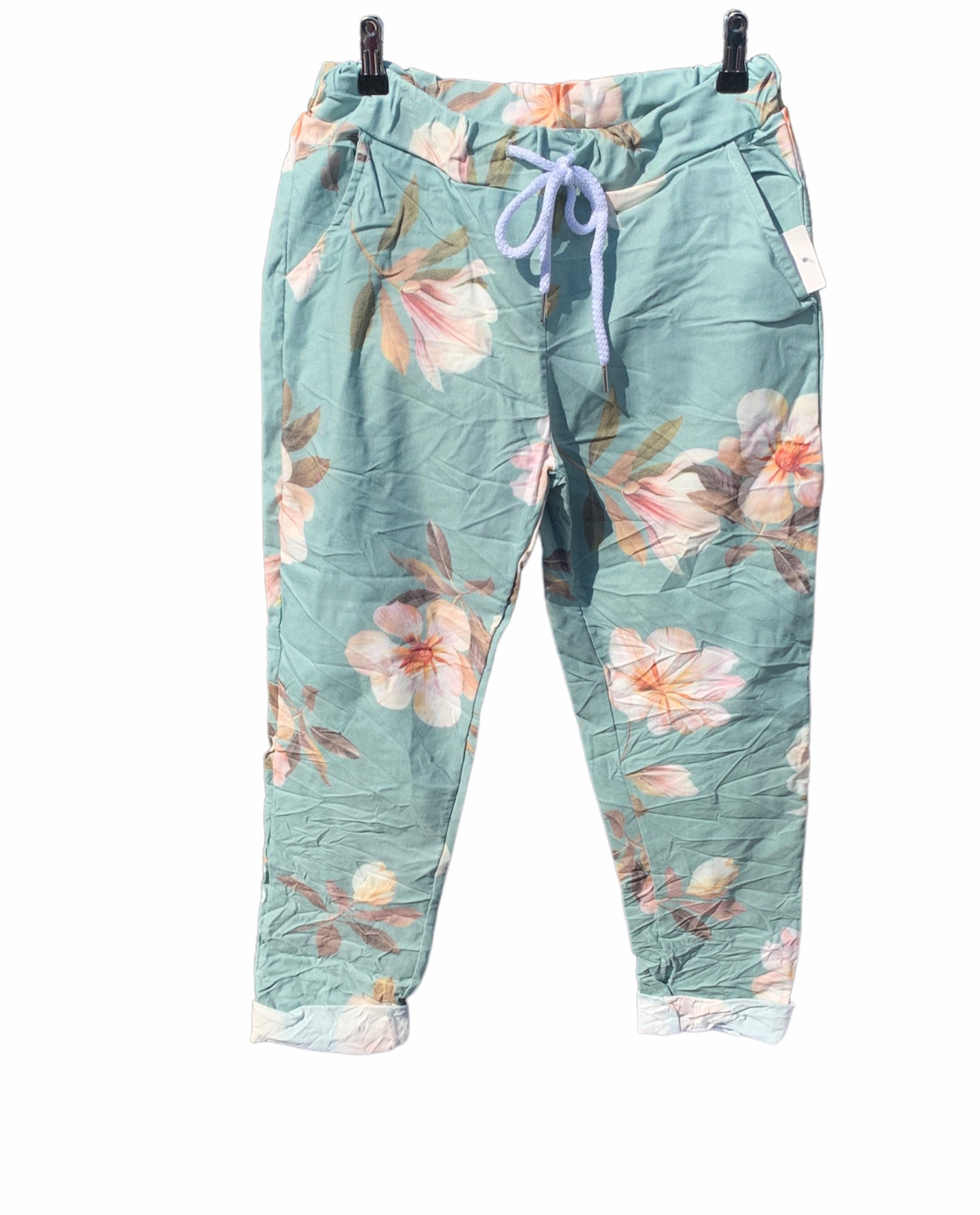 Italian Floral Stretch Pants “Magnolia-Mint”