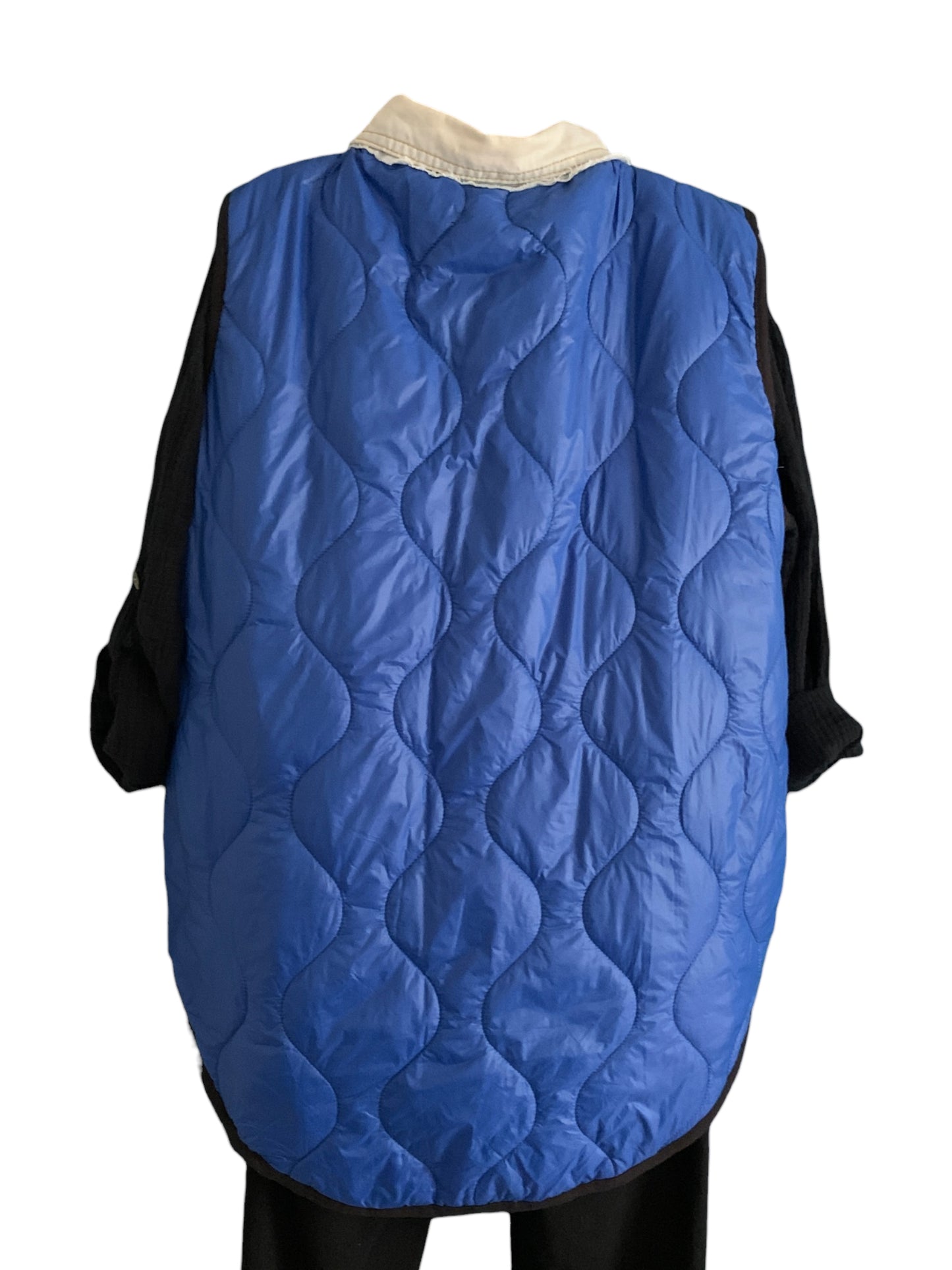 Sleeveless Light Puffer Jacket with Raggedy Edge Denim Detailing