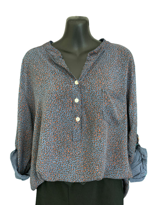 Italian Leopard Print Top with Roll Up Sleeves